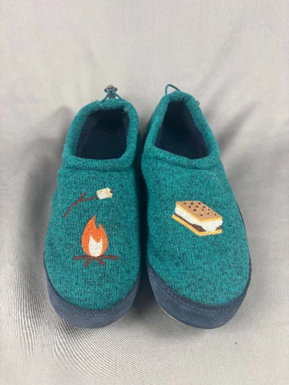 L.L. Bean Sweater Fleece Slippers Kids 5-6 Blue S'mores Motif Embroidered